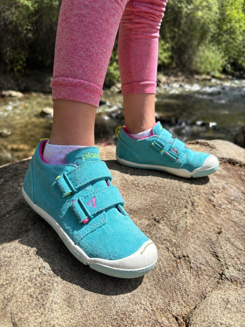 PLAE Lou Suede Shoes Teal Pink Hook and Loop Casual Sneaker Comfort Size 12